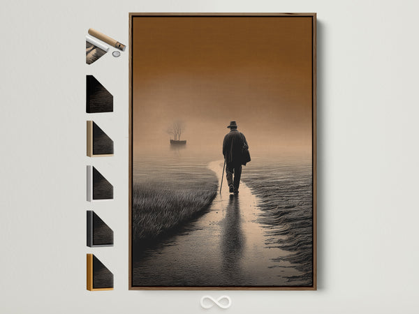 Brown toned seascape canvas in walnut floating frame