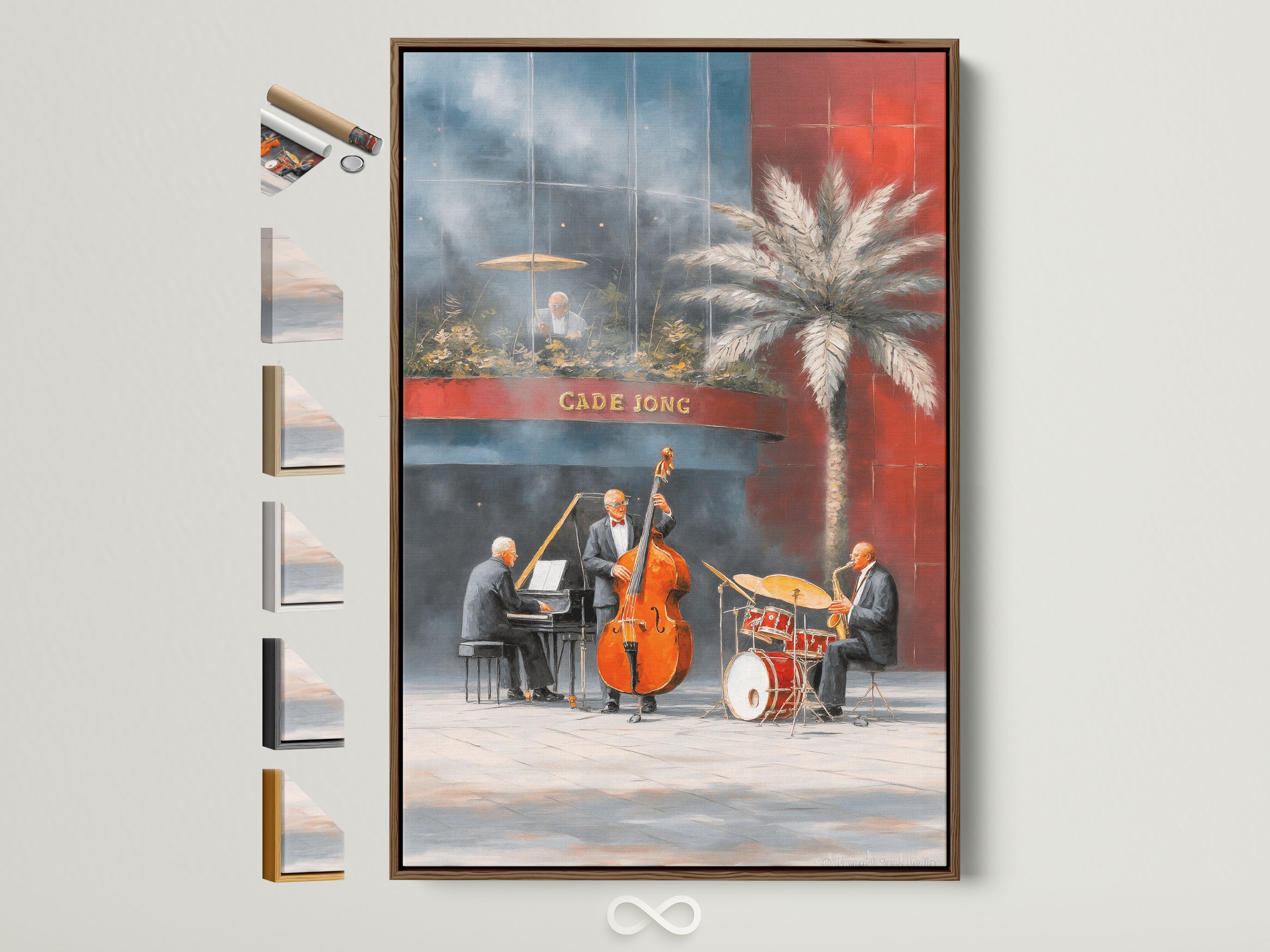 Vintage-style jazz band artwork in a brown frame. All frame options are displayed on the side. This New Orleans music wall art adds a retro touch to any music room or cafe. A perfect musician gift. Consider this musical artwork for bars and restaurants.