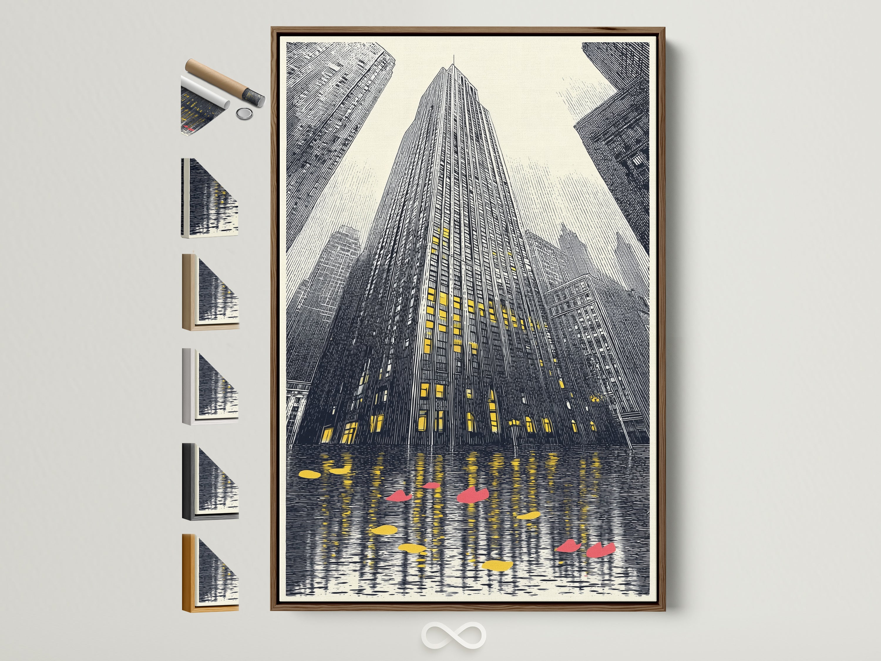 A captivating cityscape artwork is framed in a warm brown wood. All frame options are displayed beside it. The urban skyscraper wall art brings modern architecture into your space. Perfect office wall decor for homeowners and businesses seeking elevated contemporary wall decor.