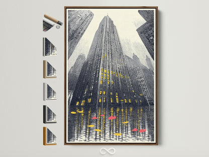 A captivating cityscape artwork is framed in a warm brown wood. All frame options are displayed beside it. The urban skyscraper wall art brings modern architecture into your space. Perfect office wall decor for homeowners and businesses seeking elevated contemporary wall decor.