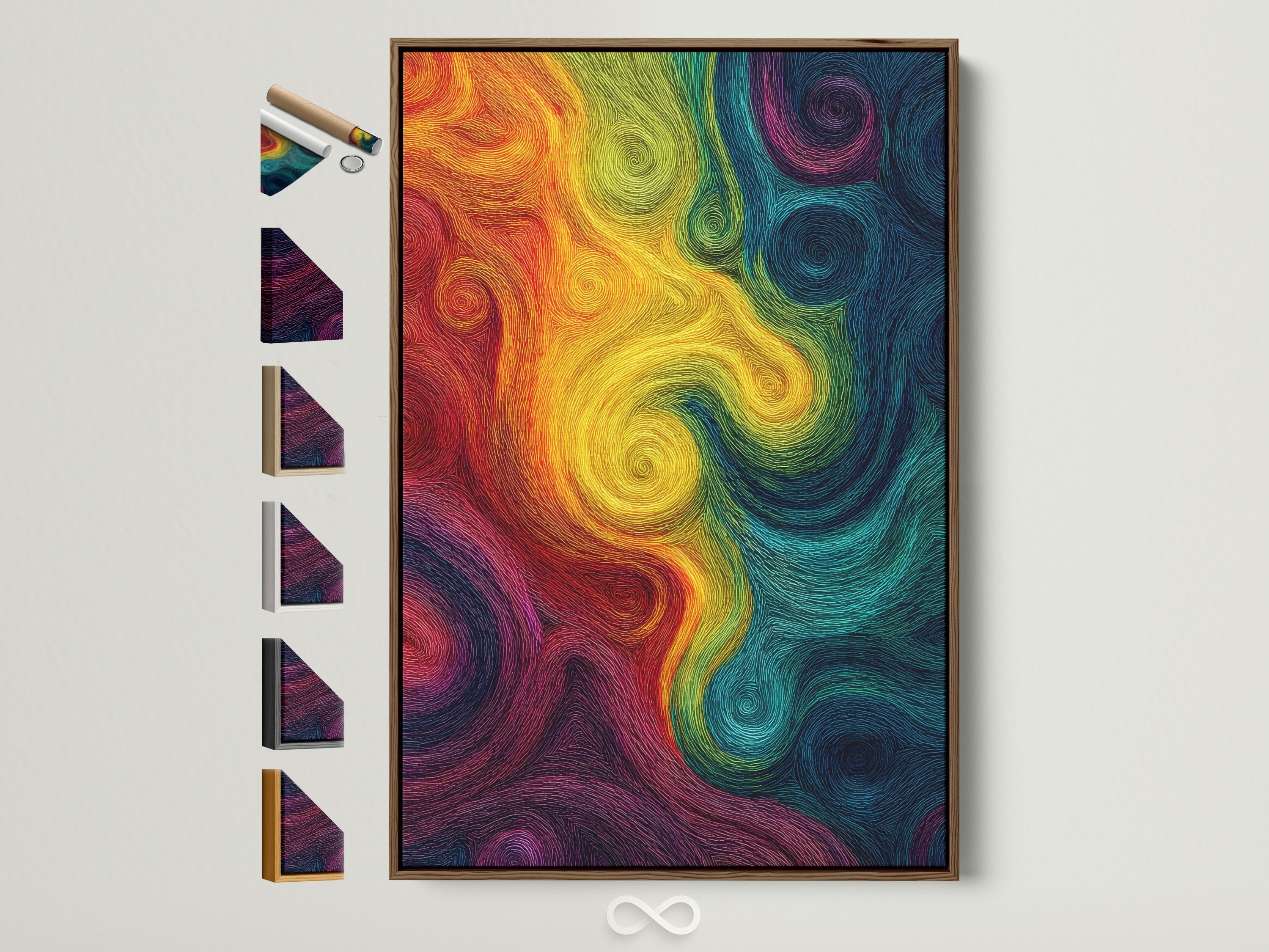 A vibrant abstract swirl artwork is displayed with a brown frame. The frame options are visible on the side showcasing available choices. This colorful rainbow wall art is a modern psychedelic piece perfect for office decor. It adds a contemporary touch to any space.