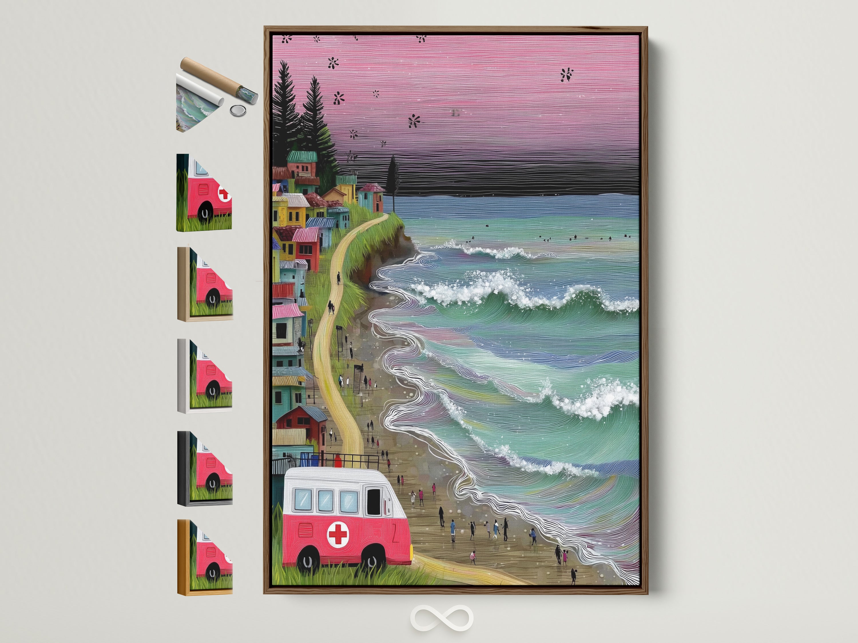 Framed coastal village art featuring a vintage van and ocean waves. The artwork is displayed in a brown frame. Various frame options are showcased. The art captures a whimsical seaside scene. Perfect beach wall art for coastal home decor.