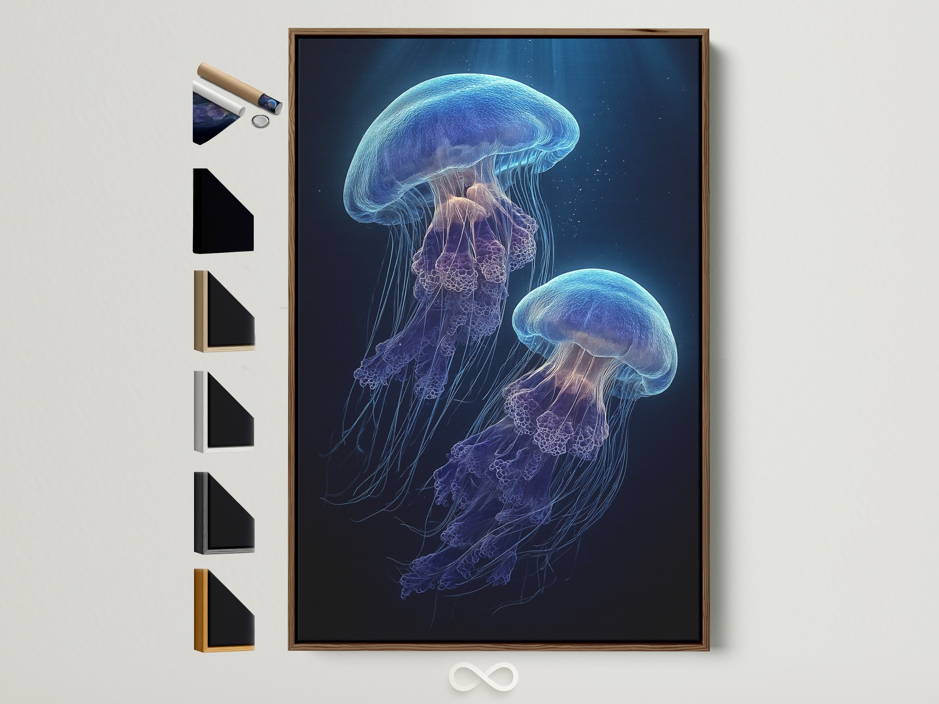 Explore framed artwork. The brown frame displays jellyfish artwork. It is hung on a wall. All available frame options are showcased. Find the perfect frame to complement your art. Discover art that transforms your space.