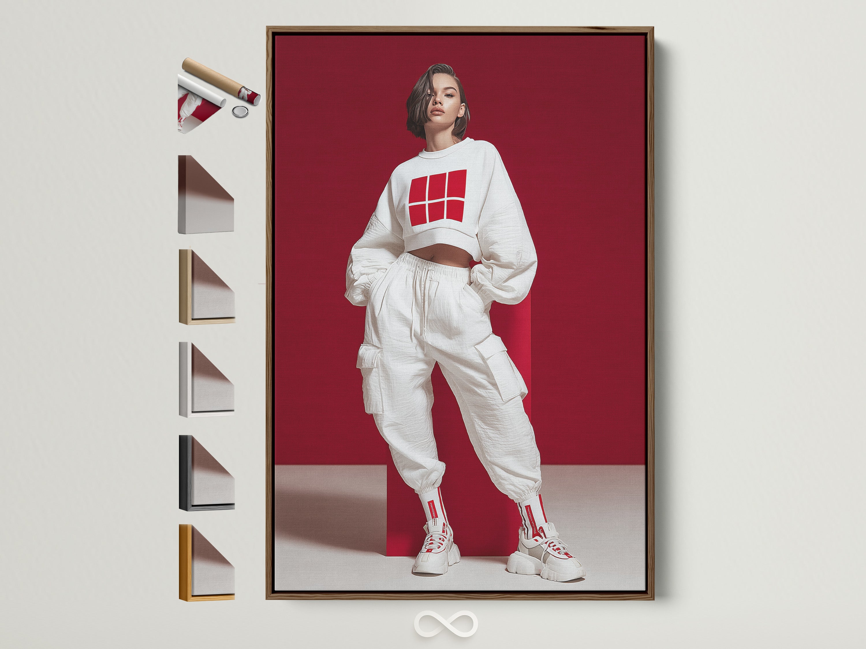 Streetwear Fashion Art Print in a brown frame. See all frame options displayed on the side. This modern urban style artwork features a contemporary red and white poster. Perfect for youth bedroom decor and trendy wall decor.