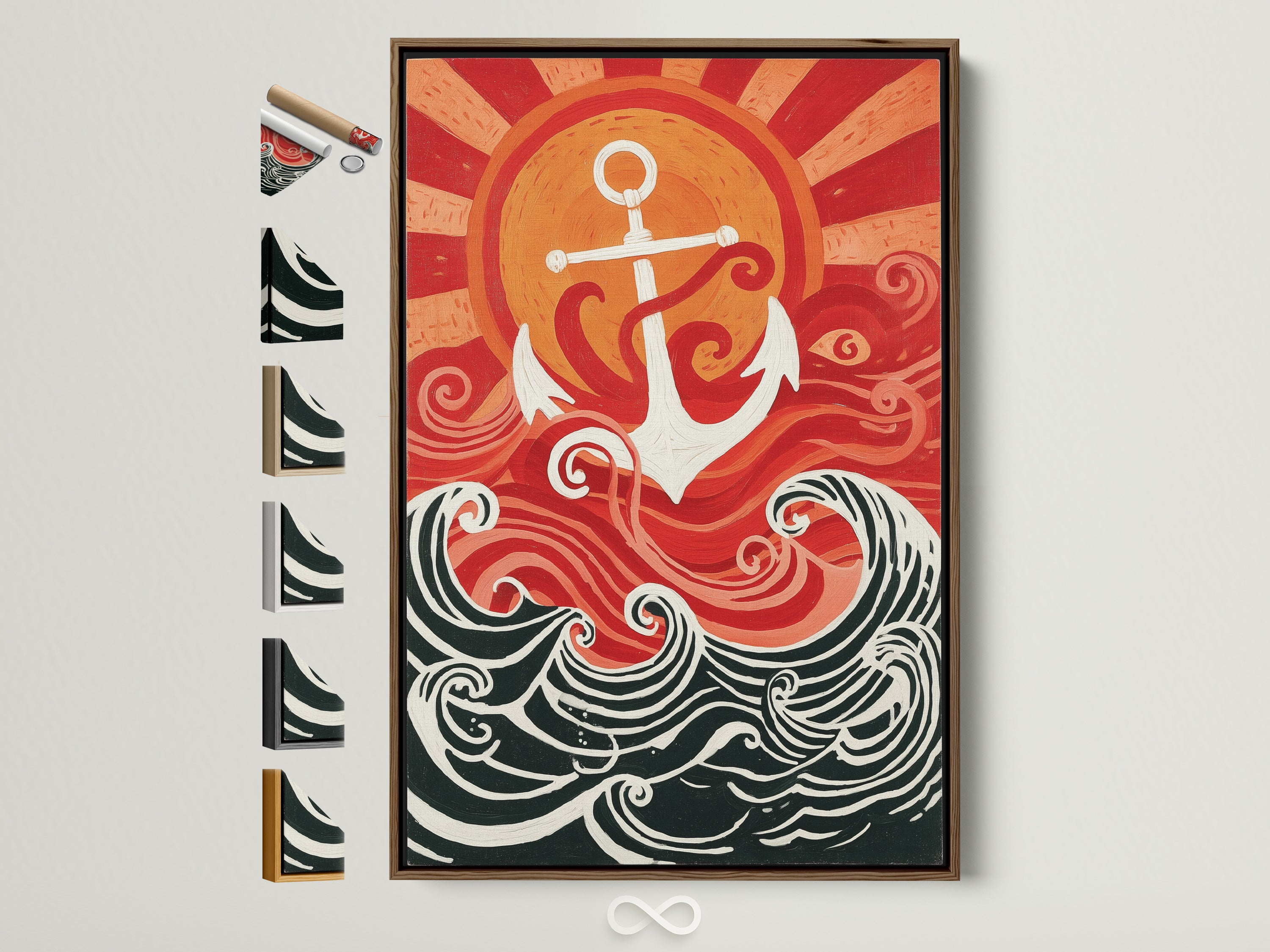 Nautical Wall Art with a Brown Frame. See all our frame options. The artwork features an anchor and ocean waves. The colors are red white and black. This nautical print is perfect for coastal home decor. It adds a vintage maritime touch to any room. It makes a great sea lover gift.