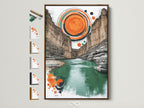 Canyon Landscape Artwork with Brown Frame. This modern wall art features earth tones of orange and teal. The artwork is displayed in a living space. Find the perfect frame for your artwork.