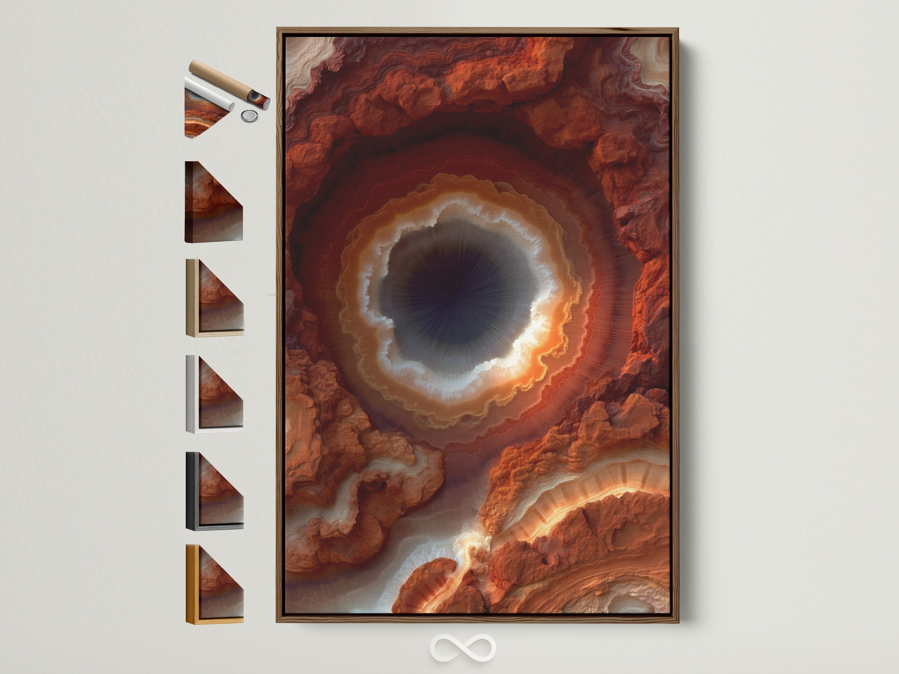 Geode Art Print in a Brown Frame. See all frame options. The artwork is a Rust Orange Agate Wall Art. A Modern Crystal Canvas Print perfect for Office Decor. Abstract Mineral Artwork to enhance your space.