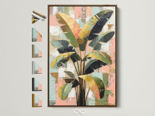 Tropical plant artwork framed in a brown frame. See all available frame options on the side. Modern botanical wall art print complements contemporary or boho style decor. Perfect for living rooms and bedrooms.