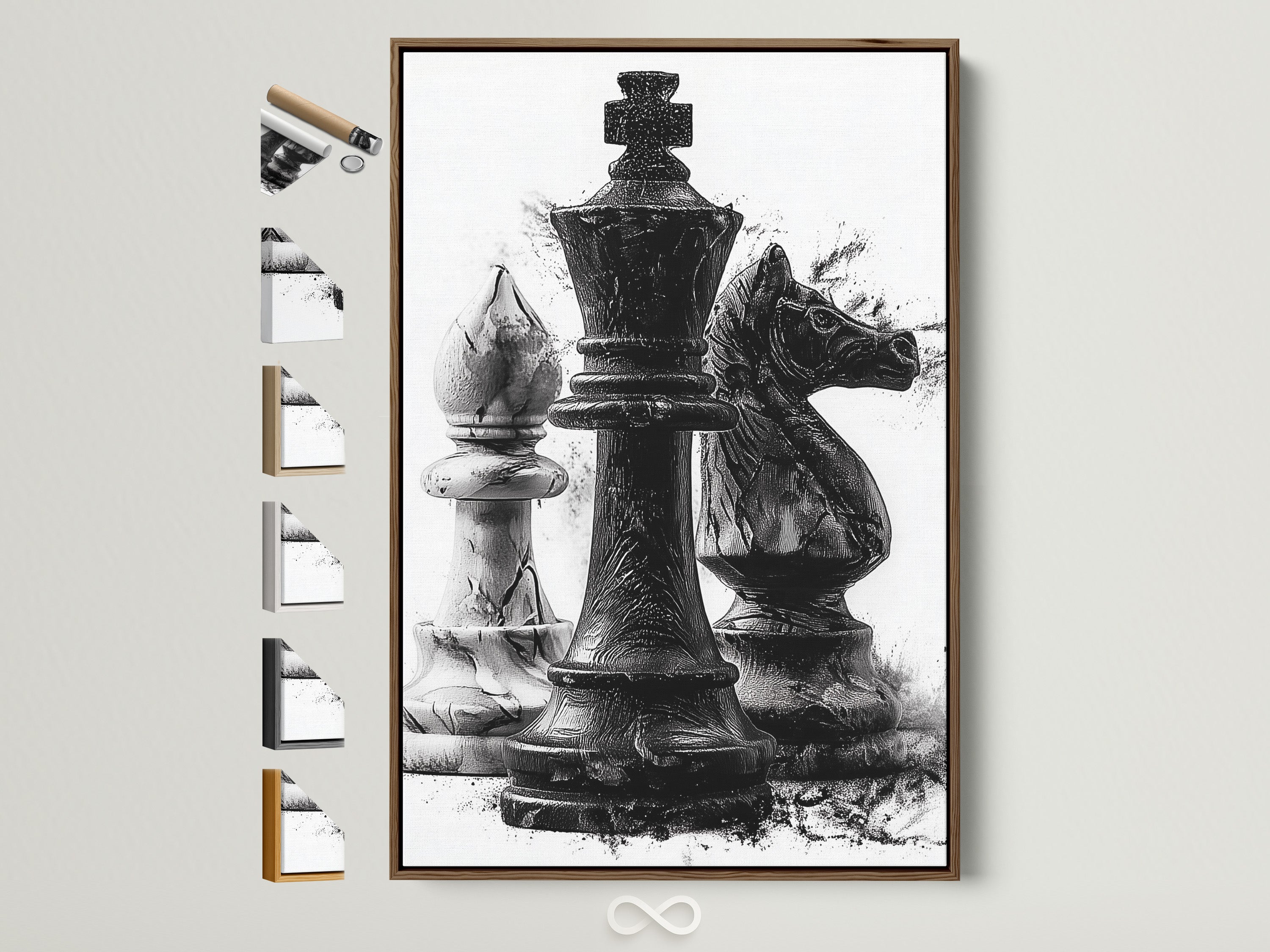 Brown frame artwork featuring chess pieces adorns a wall. Light streams in showcasing the texture of the art. Frame options are displayed on the side. This is perfect for a game room or office. A stylish addition to any space. Consider this artwork to elevate your decor.