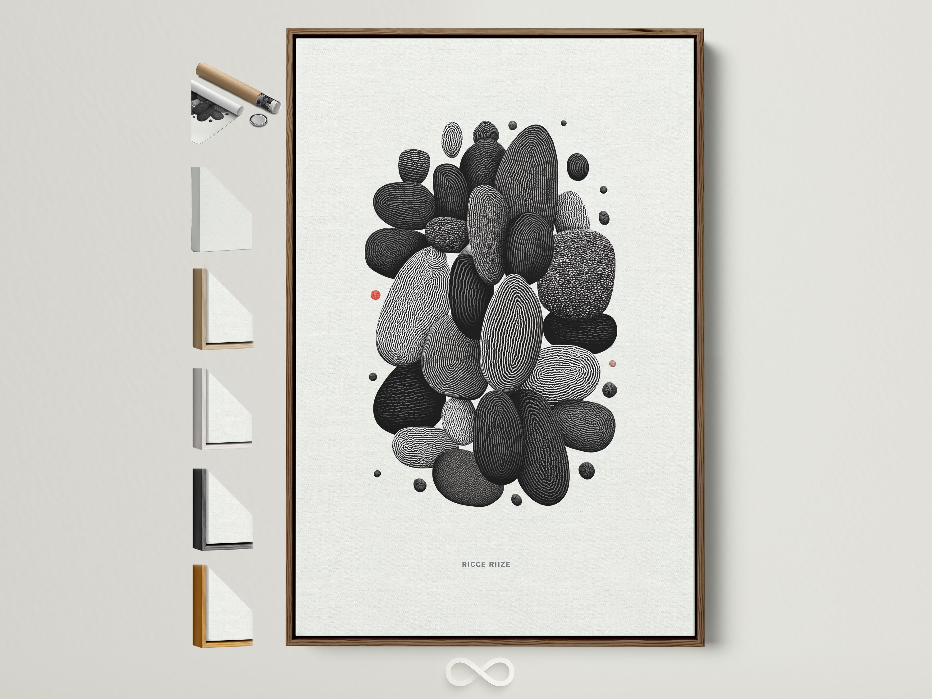 Abstract Pebble artwork in a brown frame. This minimalist black and white wall art adds a modern touch. The frame options displayed showcase versatility for home decor needs. Perfect for those seeking Scandinavian or contemporary art.