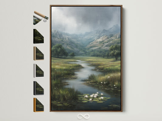Artwork with a brown frame hangs on a white wall. The art print shows a landscape with water lilies. Frame options are displayed beside the framed artwork. A warm sunlight filters in adding depth to the scene. This highlights the texture of the wall and the artwork.