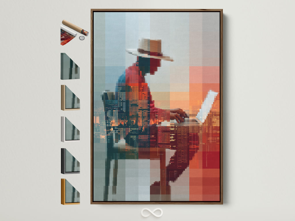 Brown frame displays a captivating digital art portrait. It showcases an abstract pixelated figure wall art. This contemporary glitch art enhances modern office decor. Explore all available frame options displayed beside the artwork.