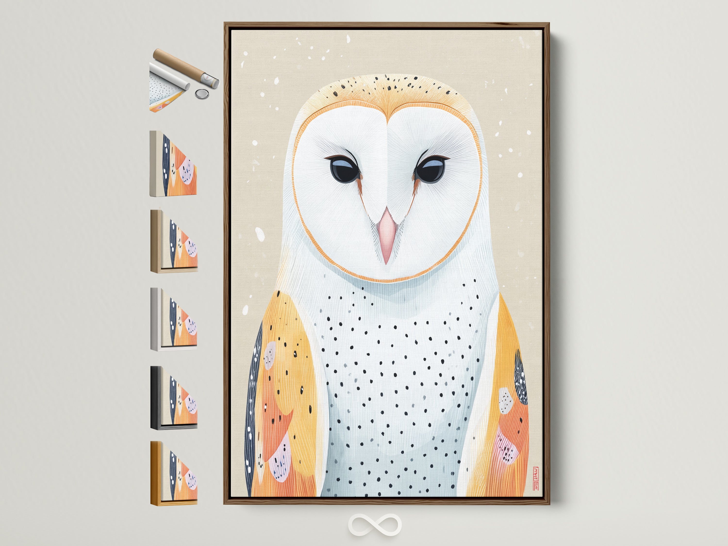 Explore frame options for owl artwork. A brown frame surrounds the modern bird wall art. See other frame styles available. Perfect neutral tone animal artwork for a nursery or Scandinavian style room.