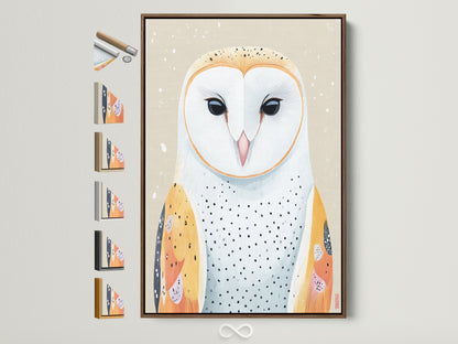 Explore frame options for owl artwork. A brown frame surrounds the modern bird wall art. See other frame styles available. Perfect neutral tone animal artwork for a nursery or Scandinavian style room.