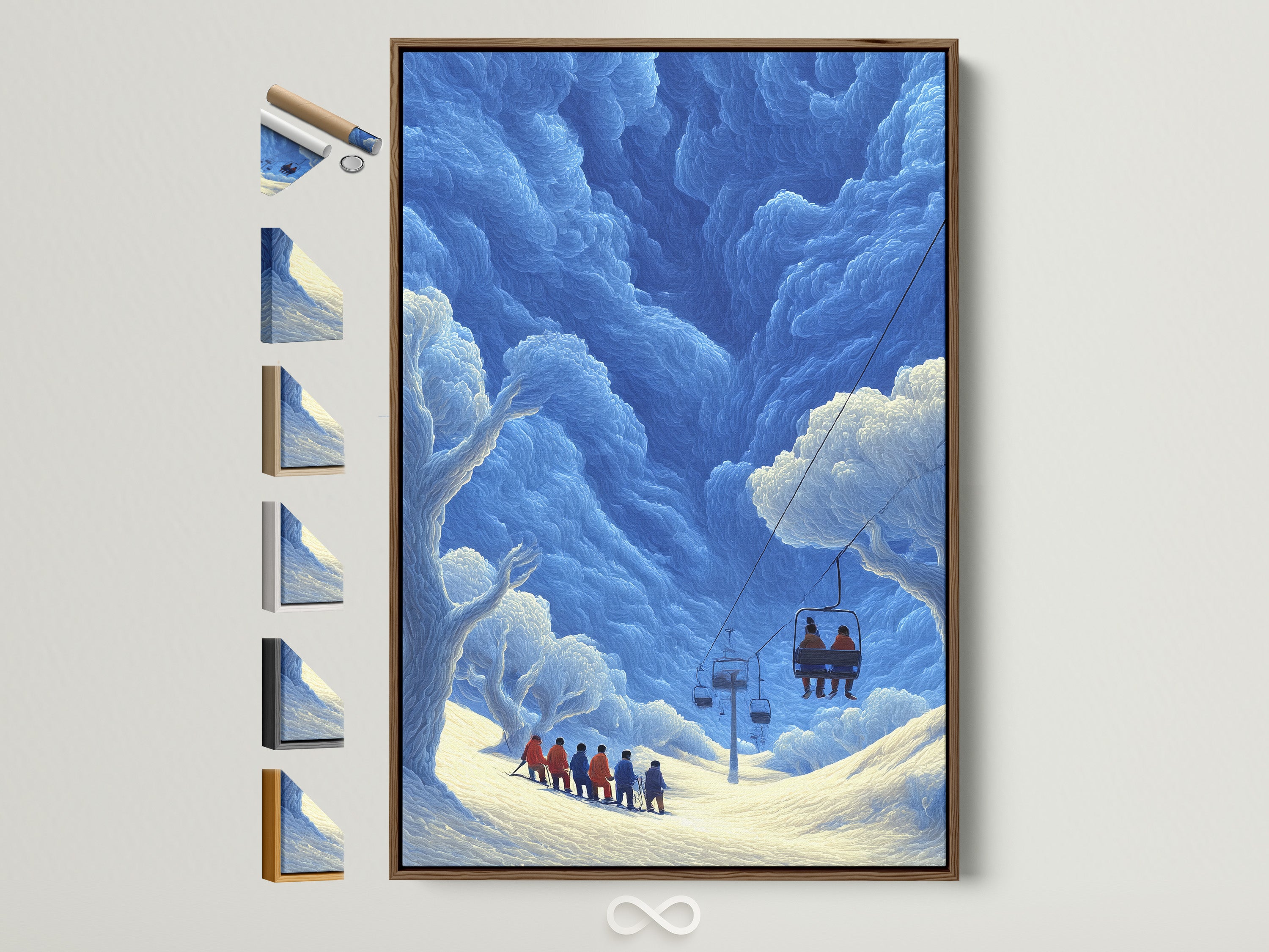 Brown frame showcases a blue winter mountain wall art. This vintage ski lift artwork is perfect for cabin wall decor. Explore frame options for your ski resort art Choose the perfect frame to complement your style. Ideal for lodge and modern farmhouse interiors.