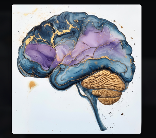Blue Gold Brain Art Print – Abstract Science Canvas, Purple & Metallic Modern Office Decor, Unique Gift for Psychologist or Neuroscientist