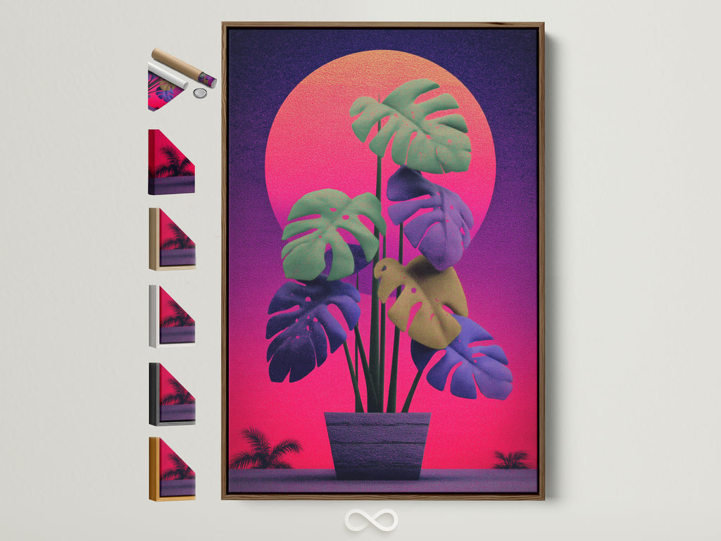 Monstera retro sunset artwork in a brown frame. The artwork features vibrant purple and pink hues. It is perfect for adding a colorful 80s aesthetic to any home or office space. See all frame options available here.