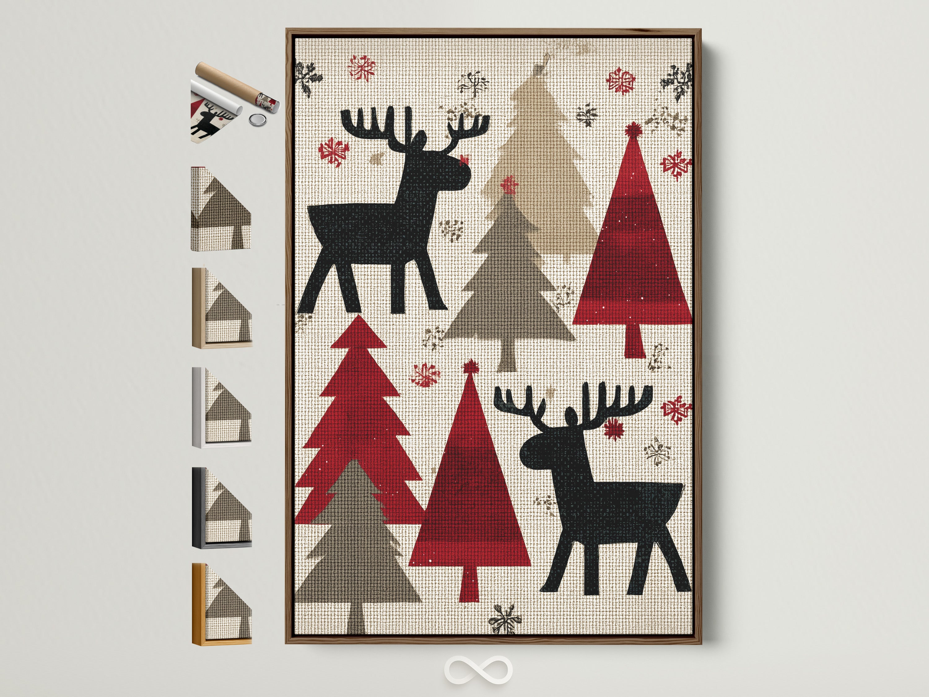 Brown frame displays Christmas-themed artwork. The art features reindeer and Christmas trees on a woven background. Frame options are visible on the side. Consider a brown frame to showcase your festive artwork.
