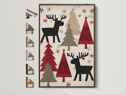 Brown frame displays Christmas-themed artwork. The art features reindeer and Christmas trees on a woven background. Frame options are visible on the side. Consider a brown frame to showcase your festive artwork.