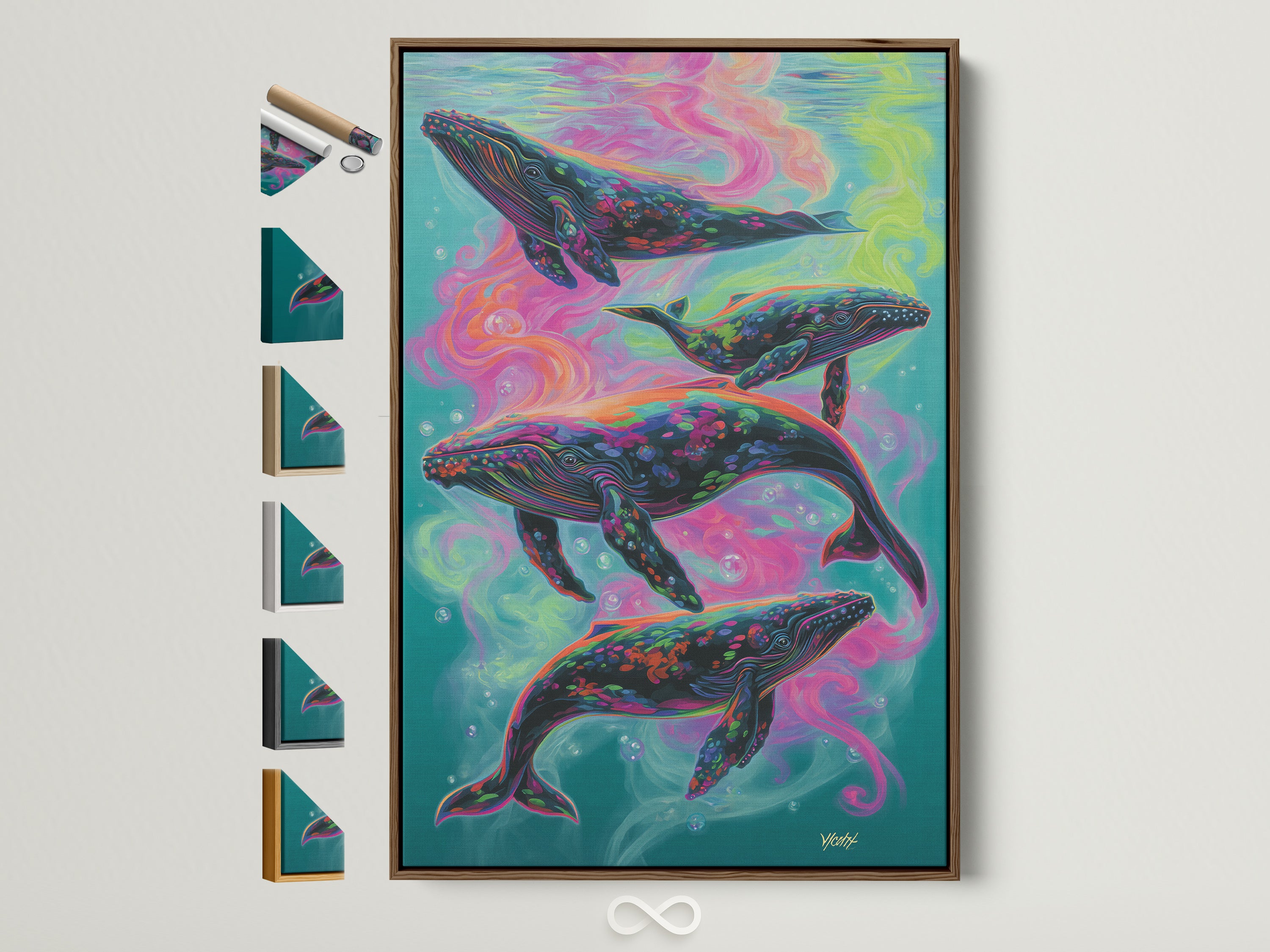 A psychedelic ocean artwork featuring colorful whales. The artwork is displayed in a brown frame. Explore all our frame options to find the perfect match for your decor. This vibrant marine life art adds a unique touch to any room. Ideal for bohemian and eclectic styles. A captivating piece for ocean and art enthusiasts.