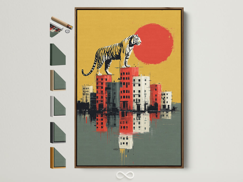 A framed Tiger City art print is displayed. The brown frame complements the urban wildlife artwork. Explore frame options to customize your modern canvas art. Enhance your space with surreal wall art. Perfect for adding a contemporary touch to any room. Discover the ideal frame for your city art print.