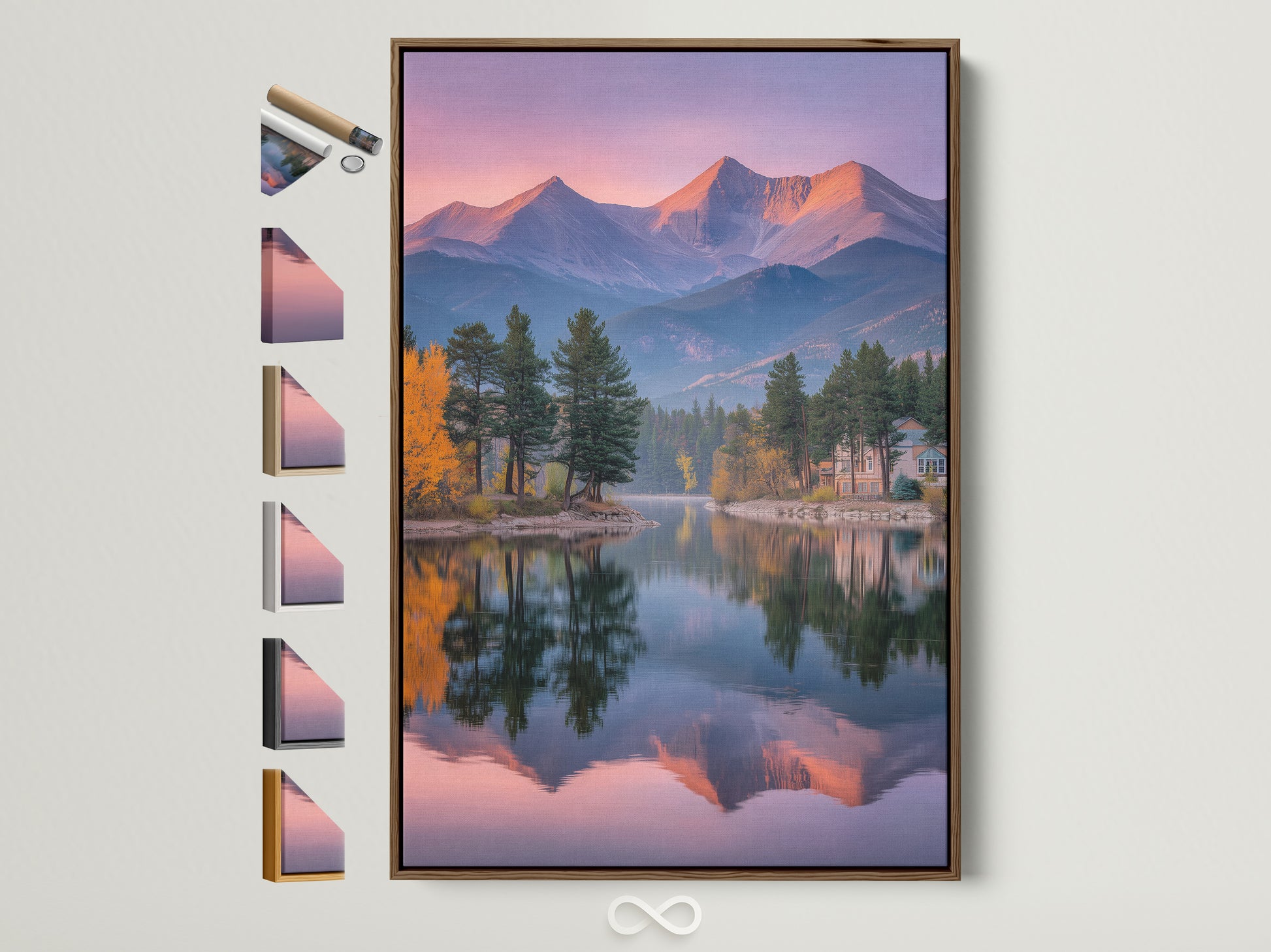 A mountain lake canvas artwork is displayed with various frame options. This brown frame showcases the pastel sky wall art beautifully. It features a reflective landscape photography print. See all available frame styles for your serene wall art.