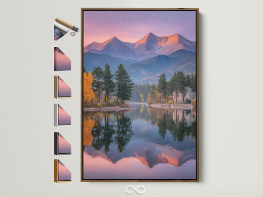 A mountain lake canvas artwork is displayed with various frame options. This brown frame showcases the pastel sky wall art beautifully. It features a reflective landscape photography print. See all available frame styles for your serene wall art.
