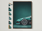 Explore sports car art. A teal green luxury car is displayed in a brown frame. See frame options on the side. Perfect automotive wall art for car enthusiasts.