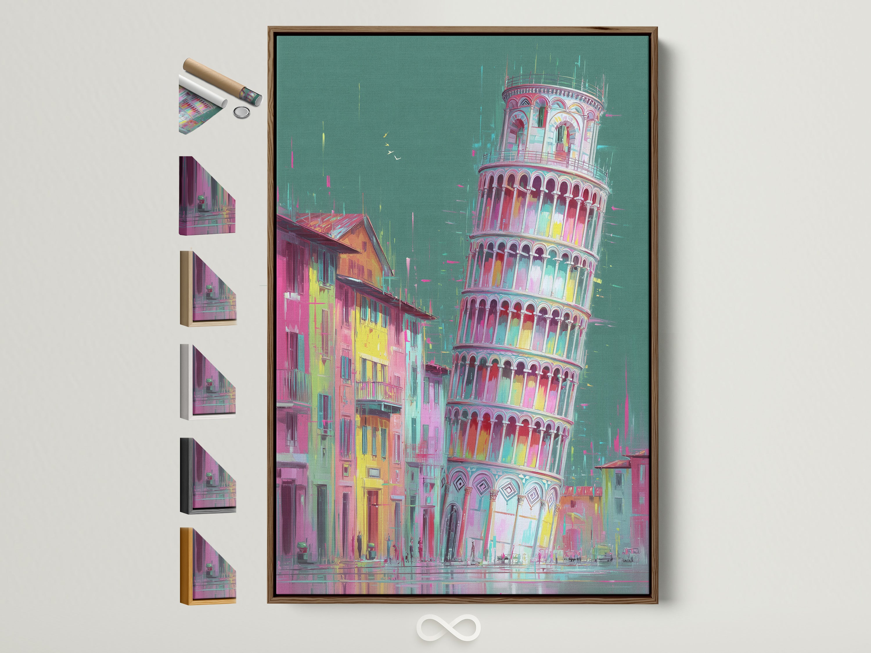 Explore framed artwork options with a brown frame showcasing available styles. Find the perfect frame to complement your Leaning Tower Pisa art. Discover options for contemporary wall decor to elevate your space.