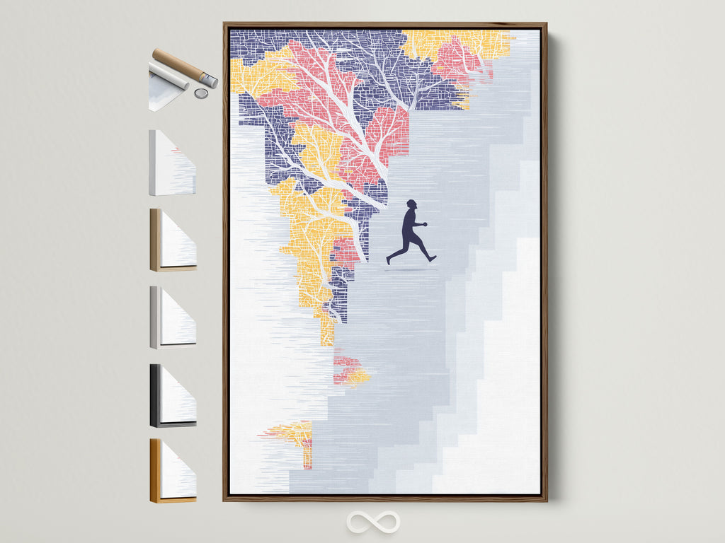 Running Man Canvas Print in a brown frame. Abstract Stairs Wall art provides motivational artwork for any office. This art piece is a great addition to teal and orange home decor options. Discover all frame options to match your style.
