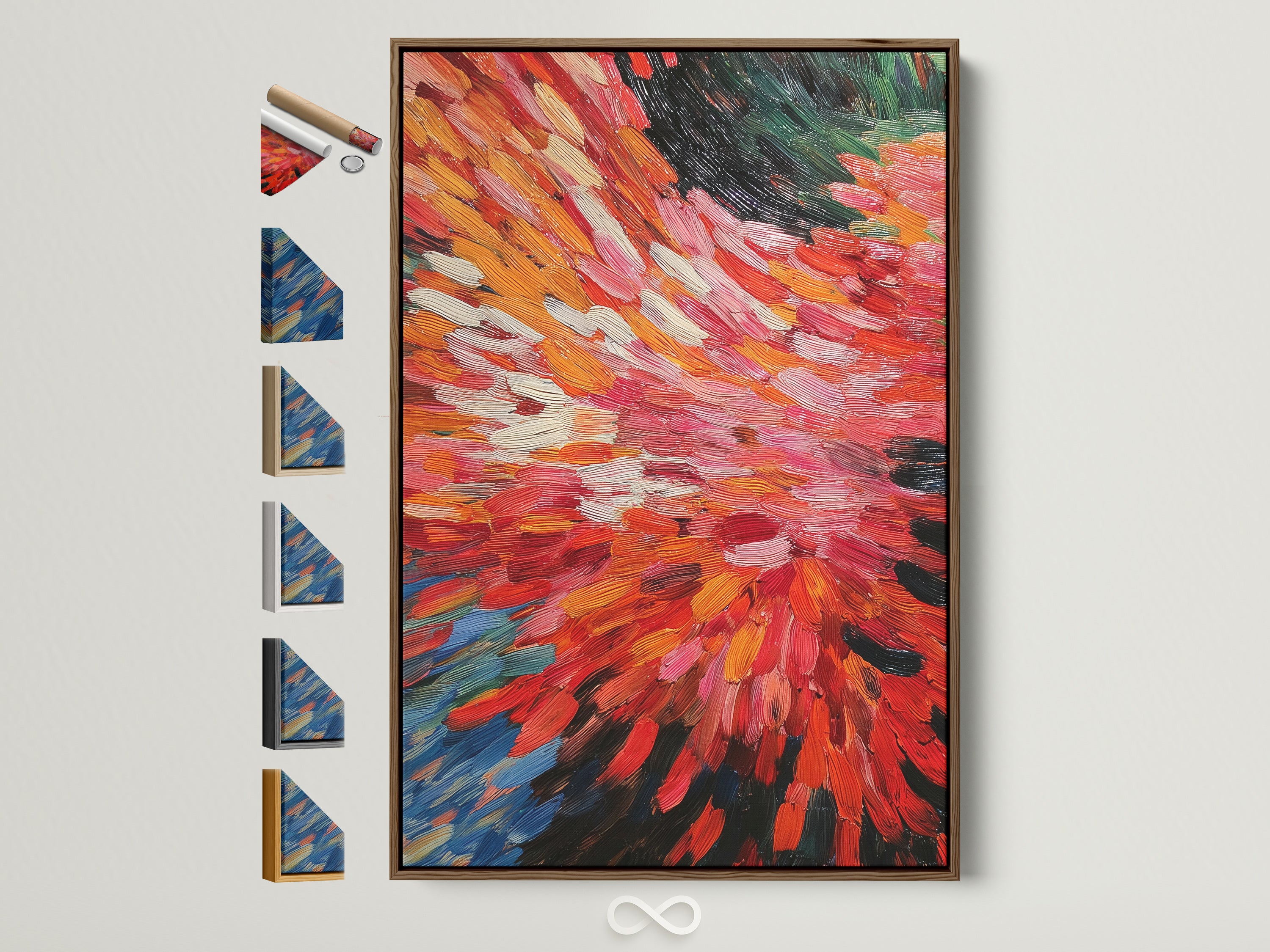 A vibrant abstract burst artwork in a brown frame is displayed. The frame options are visible on the side. The painting features dynamic brushstrokes in red and orange hues. It adds a modern touch to any room. Consider this colorful wall decor for your home or office.