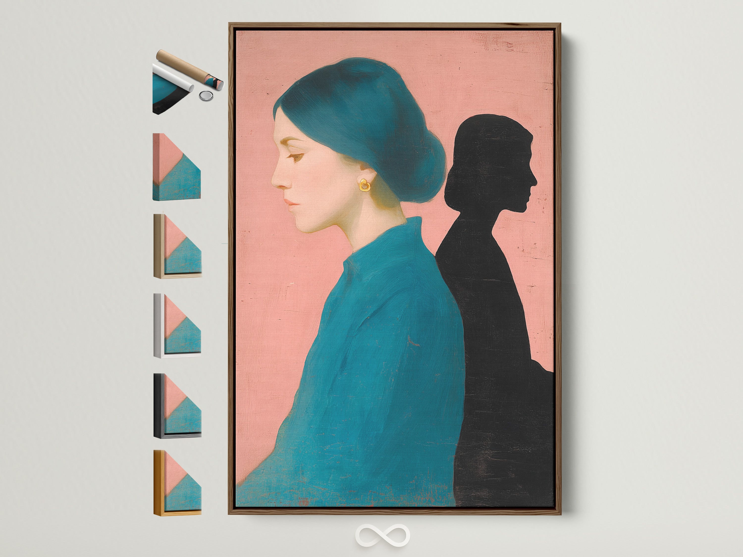 A brown frame displays a captivating artwork. This artwork features a woman with teal hair and a teal shirt. The background is pink and she has a shadow. Explore frame options to enhance your chosen art.