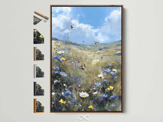 Wildflower Meadow artwork with a brown frame. The artwork features a butterfly field wall art. This art brings a blue sky landscape painting to bedroom decor. All frame options are displayed for your consideration.