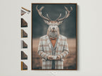 Gentleman Deer art print in a brown frame. This vintage animal portrait canvas adds quirky wall art to any office decor. The anthropomorphic art style brings a unique touch. All frame options are displayed on the side. Perfect for adding charm and character to your space.