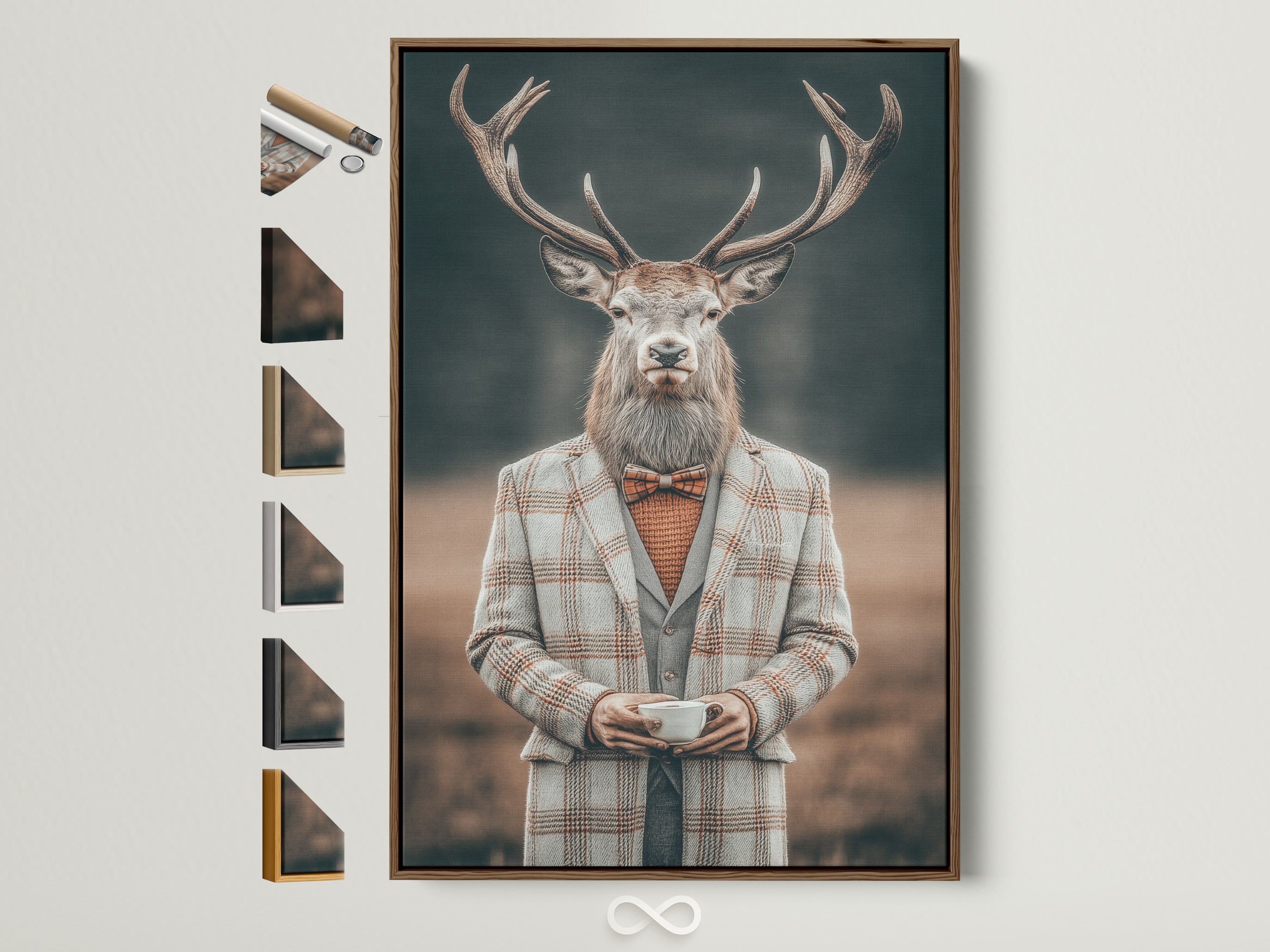 Gentleman Deer art print in a brown frame. This vintage animal portrait canvas adds quirky wall art to any office decor. The anthropomorphic art style brings a unique touch. All frame options are displayed on the side. Perfect for adding charm and character to your space.
