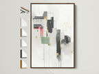 A captivating abstract cityscape artwork is displayed with various frame options. See the brown frame enhancing the modern architecture wall art. Explore geometric building artwork perfect for office decor. Discover minimalist scandi decor in neutral tones with gold accents. Perfect for modern art enthusiasts and interior decorators.