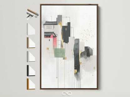 A captivating abstract cityscape artwork is displayed with various frame options. See the brown frame enhancing the modern architecture wall art. Explore geometric building artwork perfect for office decor. Discover minimalist scandi decor in neutral tones with gold accents. Perfect for modern art enthusiasts and interior decorators.