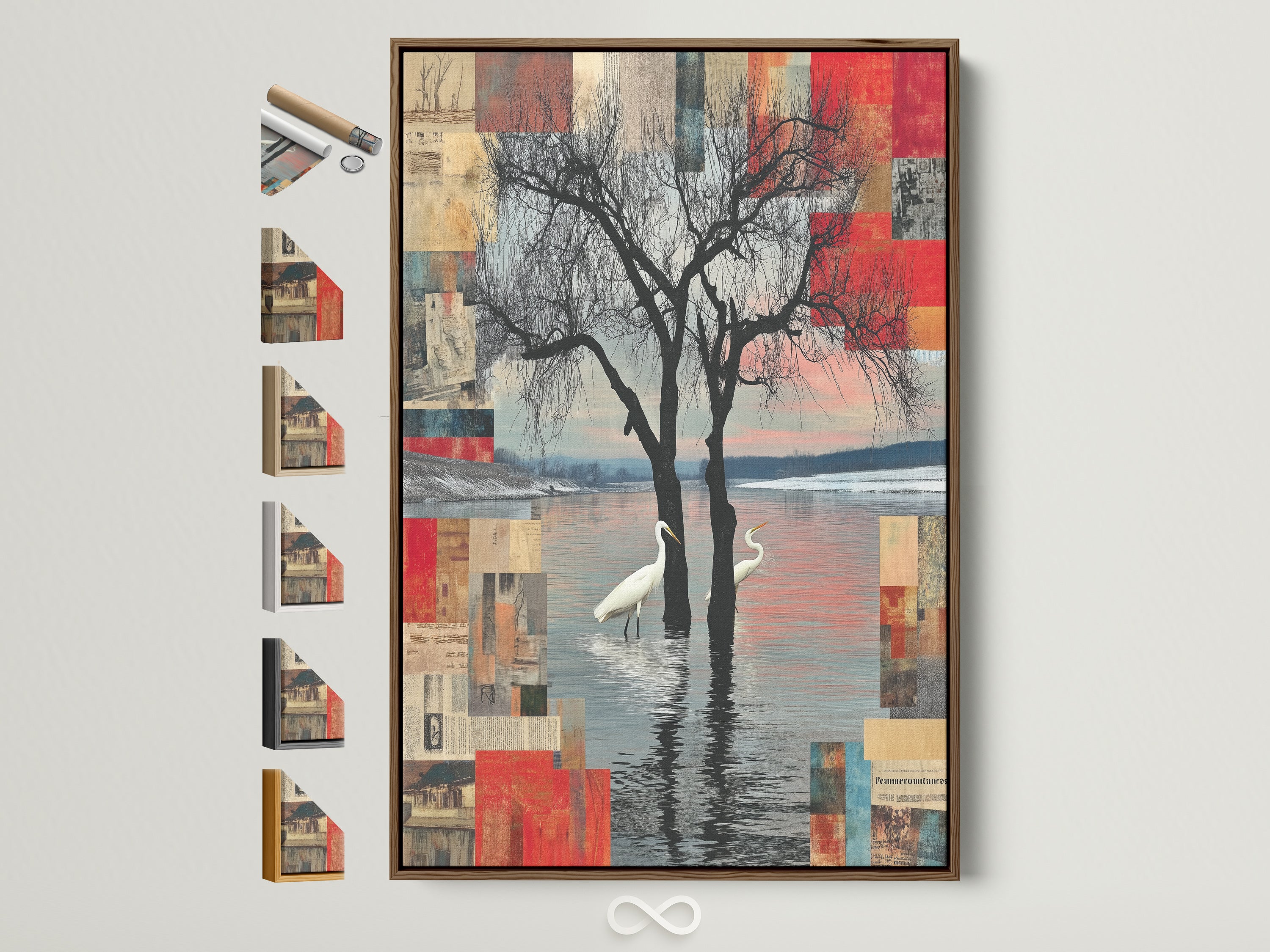 Crane Bird Abstract Lake Wall Art in a brown frame. This modern nature artwork adds a serene touch to any office decor. Explore framing options to perfectly match your space. A unique gift idea for her.