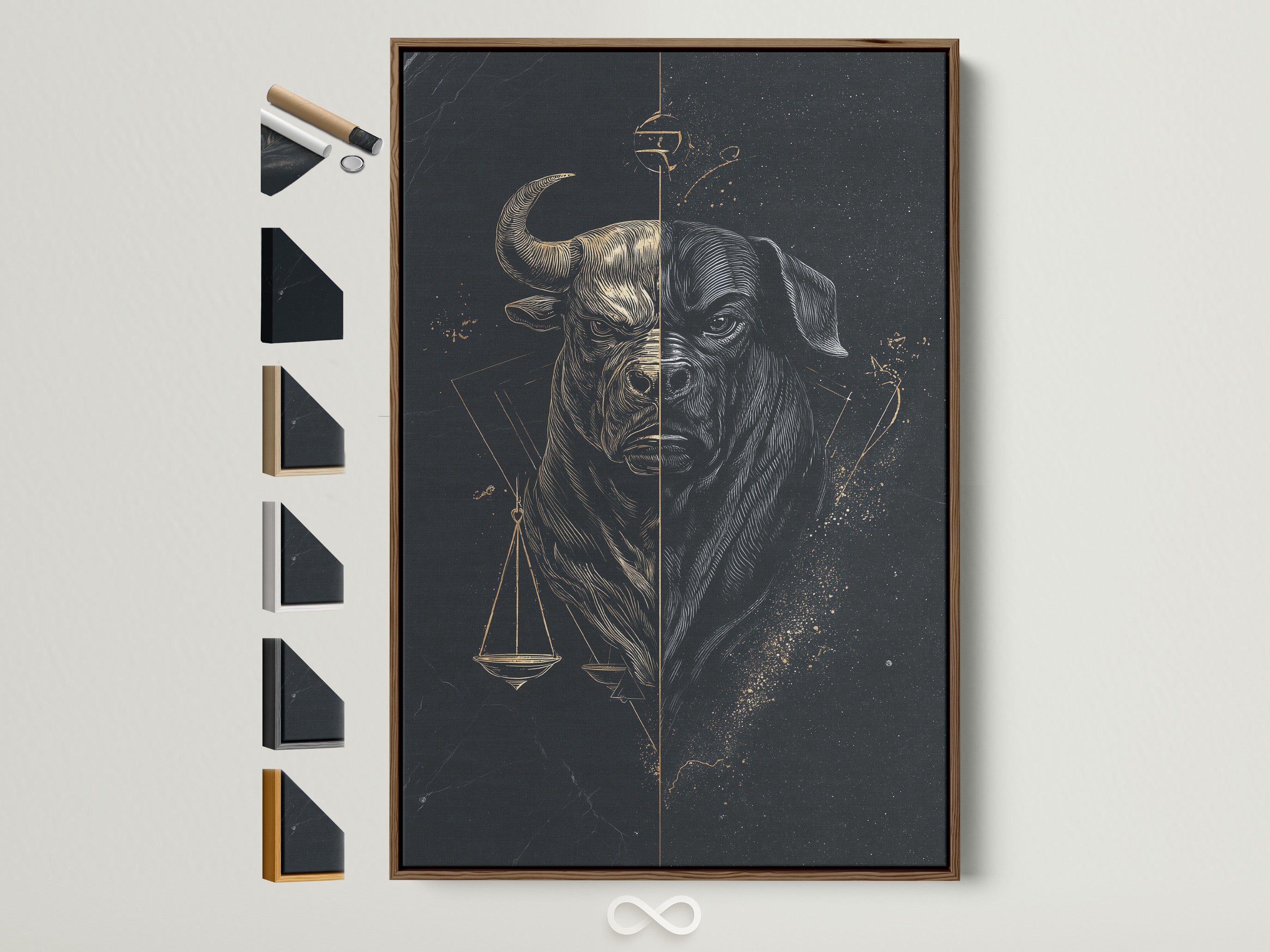 Elevate your legal office or home decor with the Bull Justice art print. This artwork features a brown frame. You can see all the available frame options displayed. Find the perfect fit for your space today.