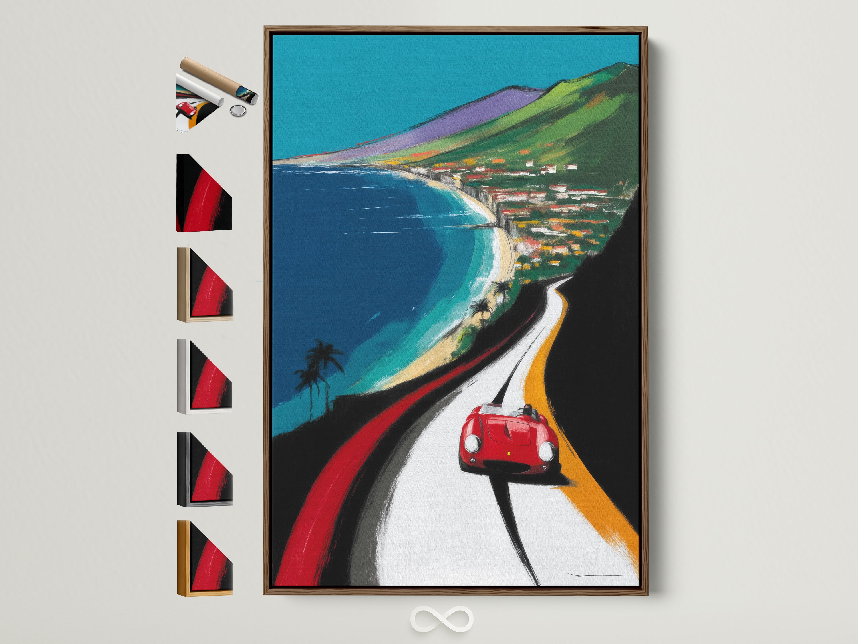 Coastal Road Trip artwork with a brown frame. All available frame options are displayed on the side. This vintage car travel poster adds a retro touch to any space. Perfect for homeowners car collectors and travel enthusiasts.