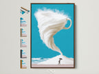 A captivating surrealist print featuring a coffee cup storm in a brown frame. This modern wall art showcases all available frame options. Perfect for adding imaginative art to your home decor. A unique turquoise sky art piece for coffee lovers and dreamers seeking unusual artwork.