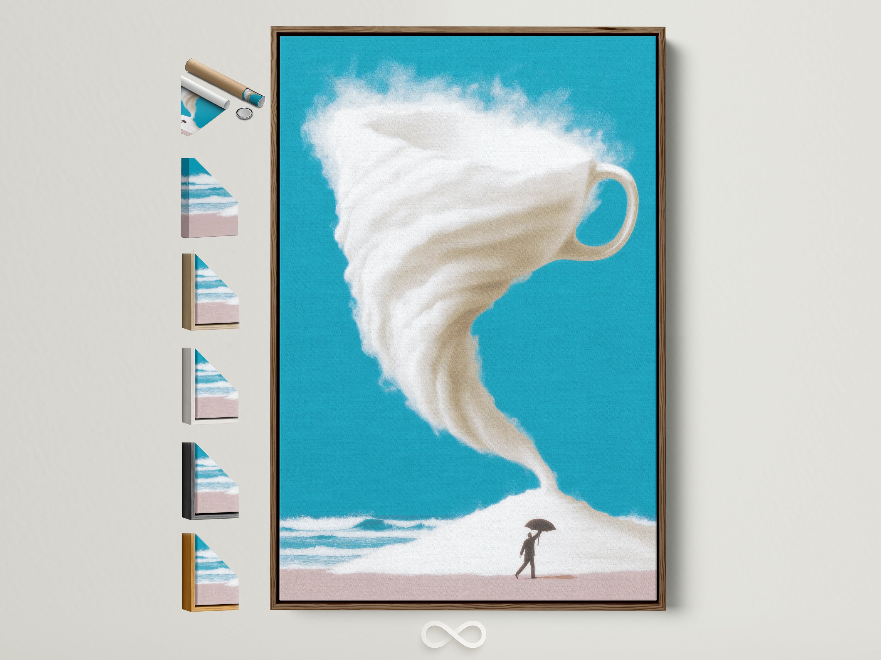 A captivating surrealist print featuring a coffee cup storm in a brown frame. This modern wall art showcases all available frame options. Perfect for adding imaginative art to your home decor. A unique turquoise sky art piece for coffee lovers and dreamers seeking unusual artwork.