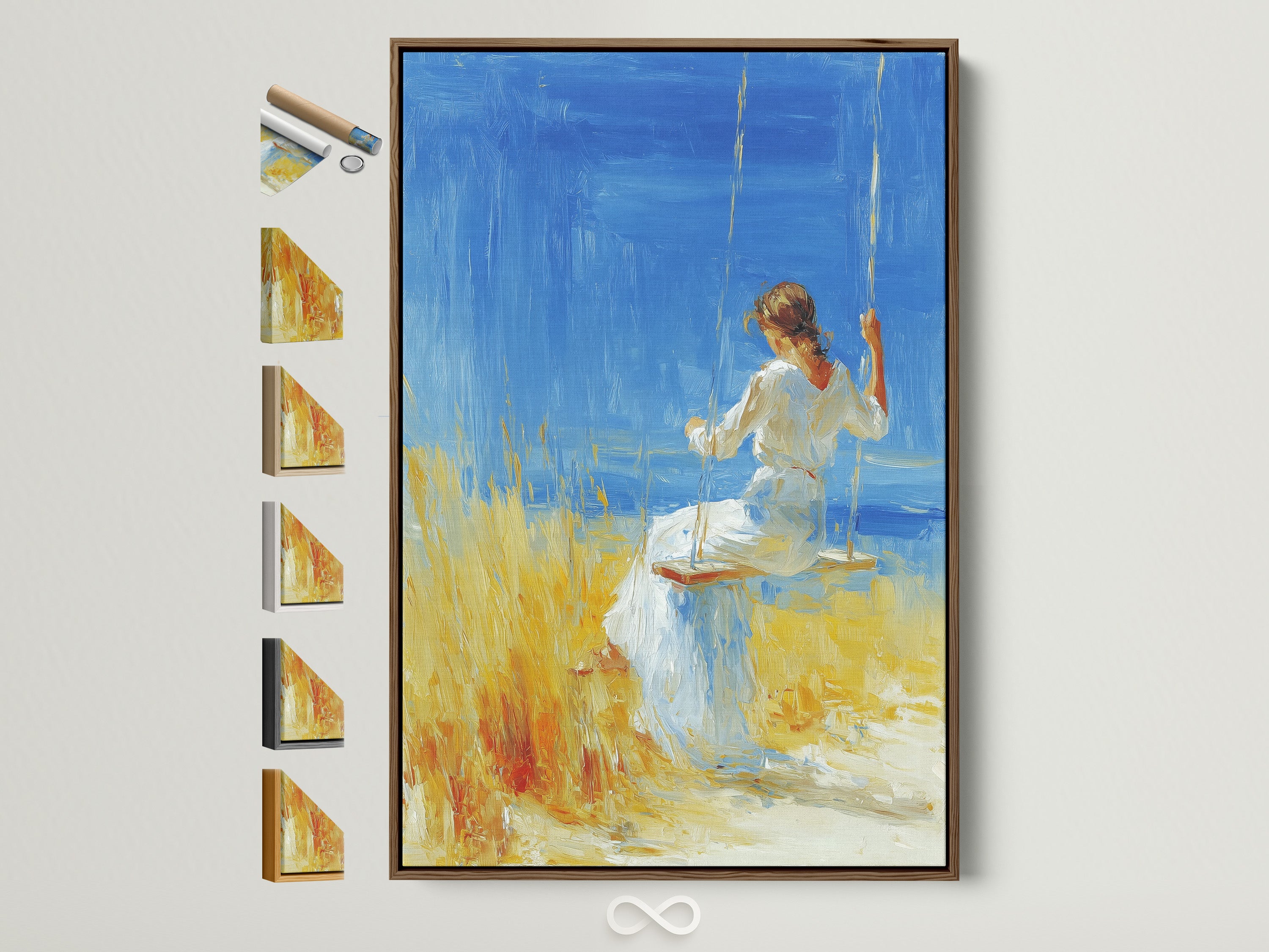Artwork in a brown frame is displayed on a wall. The artwork features a woman in a white dress sitting on a swing. The background shows a blue sea and yellow field. This frame option is versatile and complements various artwork styles.