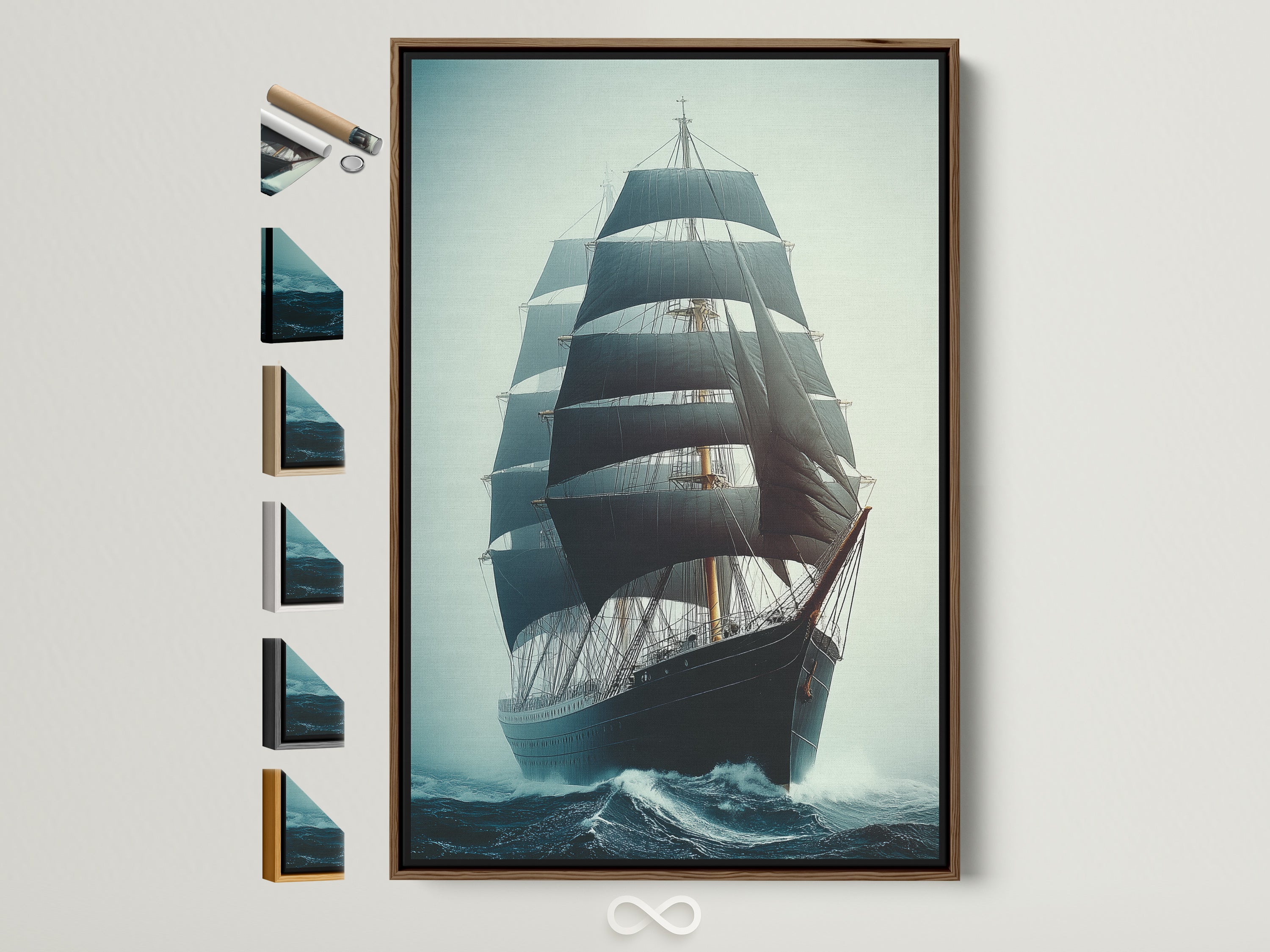Sailing Ship Canvas Print with a brown frame. The artwork is of a vintage tall ship. This nautical artwork is perfect for office decor. All frame options are displayed on the side.