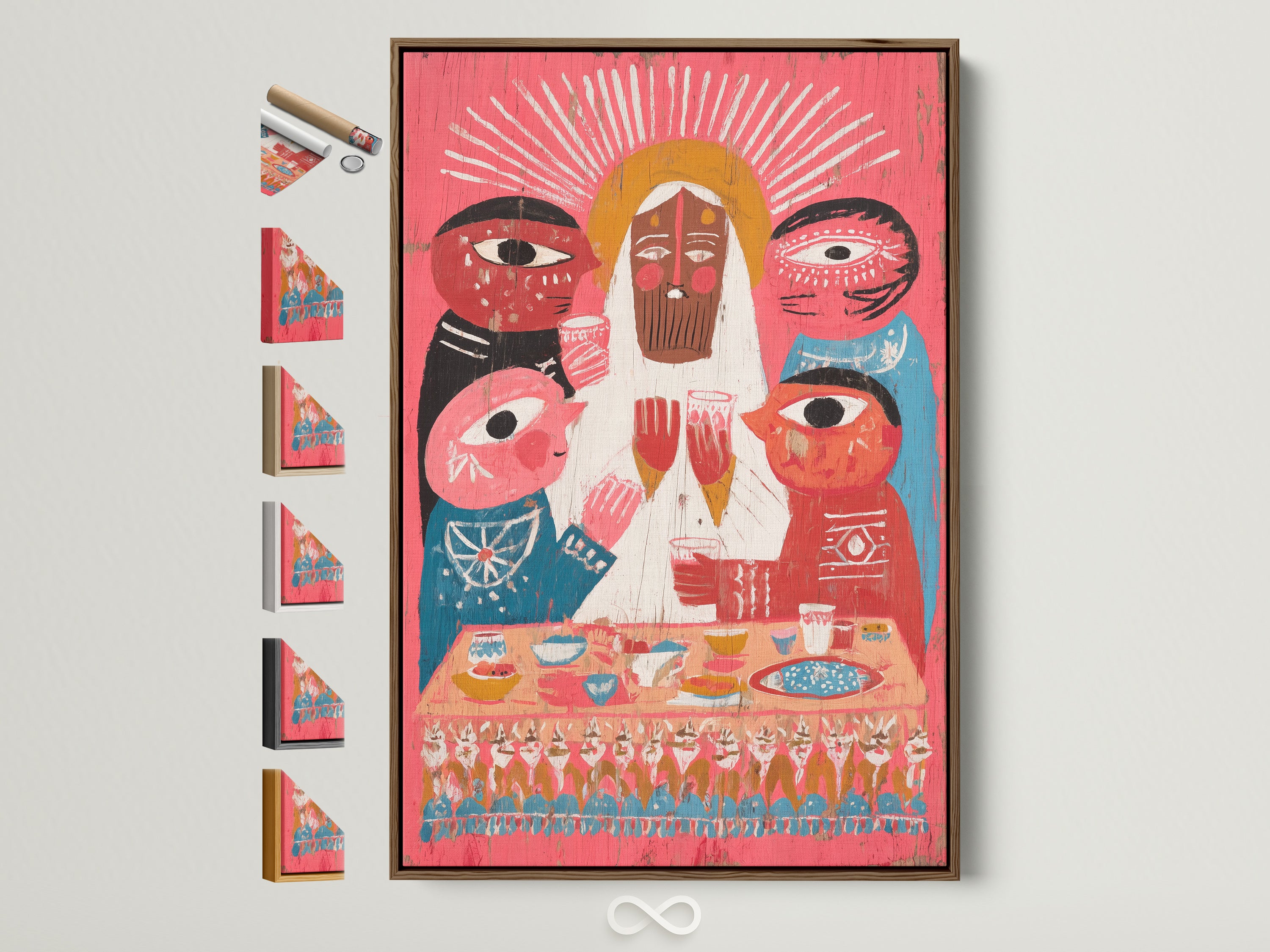 Folk Art Canvas Print in a brown frame. Religious family art is displayed. The artwork adds colorful modern folk wall art to dining room decor. It provides spiritual art and primitive art.
