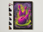 Bowling artwork with a brown frame is displayed. Explore various frame options to perfectly complement this purple and green graffiti art print. Ideal for game rooms and man caves. Discover framing choices that enhance this urban sports wall decor adding a personal touch to your space.