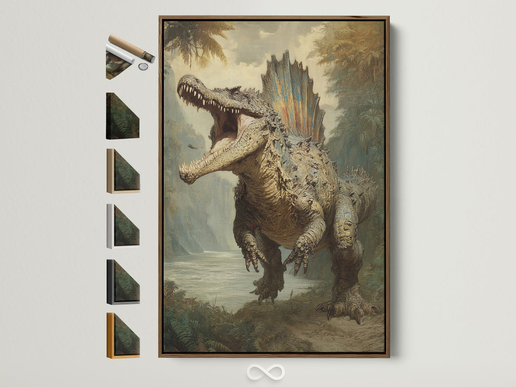 Dinosaur artwork in a brown frame. The artwork features a large dinosaur roaring in a prehistoric landscape. The frame is simple and complements the art. All available frame options are displayed to the side. A great choice for dinosaur lovers.