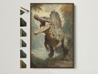 Dinosaur artwork in a brown frame. The artwork features a large dinosaur roaring in a prehistoric landscape. The frame is simple and complements the art. All available frame options are displayed to the side. A great choice for dinosaur lovers.