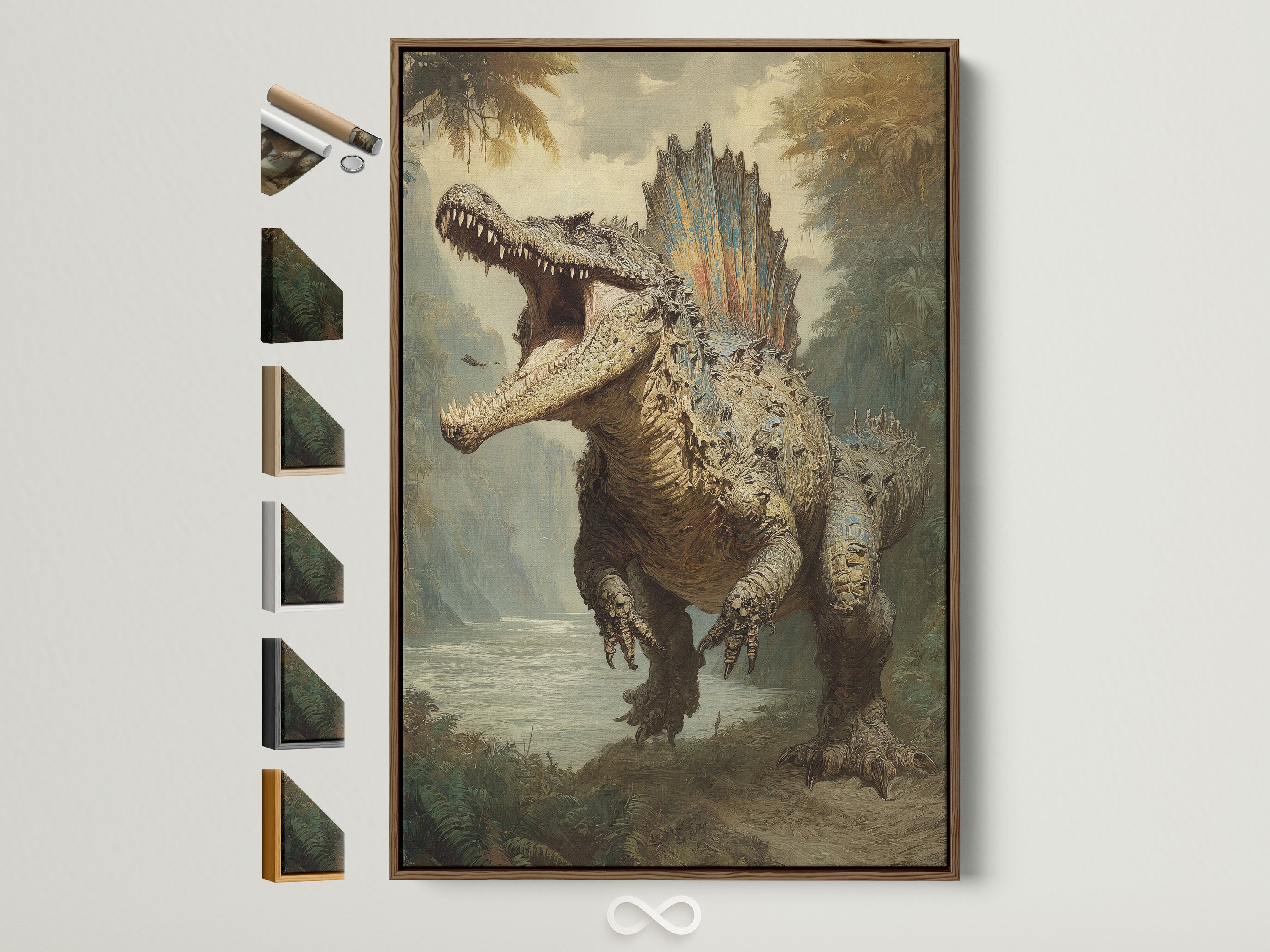Dinosaur artwork in a brown frame. The artwork features a large dinosaur roaring in a prehistoric landscape. The frame is simple and complements the art. All available frame options are displayed to the side. A great choice for dinosaur lovers.