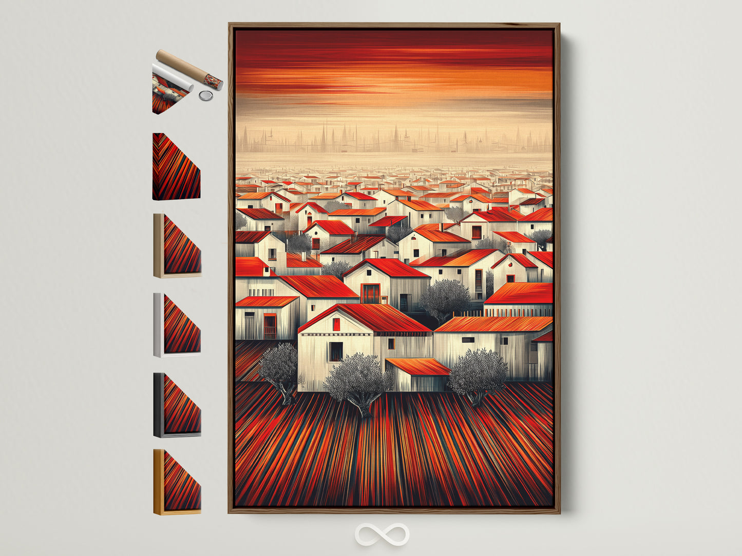 Mediterranean Town Wall Art in a brown frame. This rustic landscape artwork adds warmth to any home decor. The print features a village with red roofs. Explore frame options to customize your artwork.